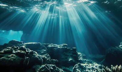 Global oceanic water environment protection concept with a light through the underwater surface with no coral reefs and no fish