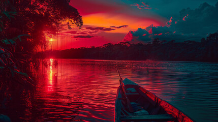 Stunning sunset over the Amazon River with a single canoe