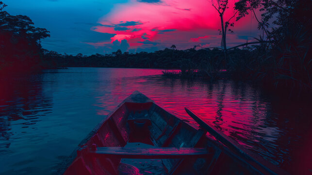 Vibrant sunset over tropical river with canoe in foreground