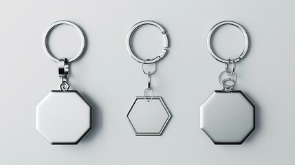 Set of blank metal keychains with chains on a white background for personalization and branding