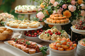 Luxury catering table, with variety of food, fruits or vegetables decorated  on corporate birthday...