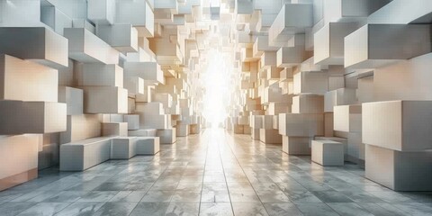 A large room with white blocks and a light shining through the ceiling