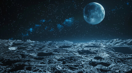 Full moon over a cratered lunar landscape with stars