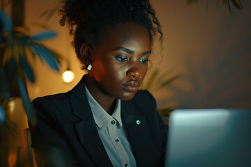 Focused Black business woman typing at laptop in office closeup. Girl surfing internet