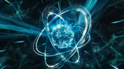 Futuristic depiction of a hydrogen atom in dynamic motion