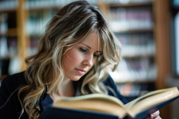 Focused Caucasian business woman reading a book in office closeup.