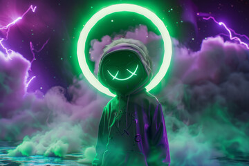 Futuristic 3D character with neon aura in vibrant fantasy world