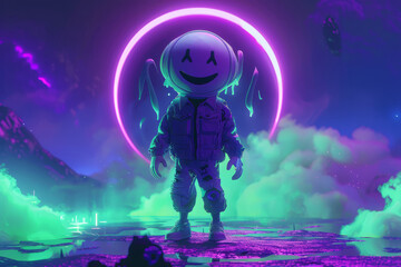Naklejka premium Futuristic astronaut with glowing neon circle in fantasy world