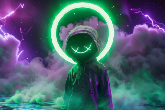 Futuristic 3D character with neon aura in vibrant fantasy world