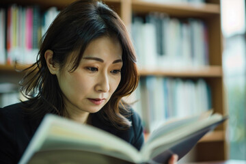 Focused Japanese business woman reading a book in office closeup.