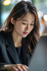 Focused Japanese business woman typing at laptop in office closeup. Girl surfing internet