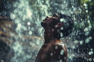 Man rejuvenates under waterfall after outdoor workout for natural wellness and recovery. Concept Outdoor Photoshoot, Nature Wellness, Waterfall Rejuvenation, Fitness Recovery, Natural Healing