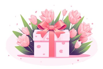Elegant Gift Box Surrounded by Lush Tulips Illustration