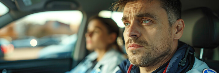 Male nurse sitting in car, going home from work. Male doctor driving car to work, on-call duty. Work-life balance of healthcare worker.