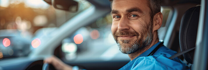 Male nurse sitting in car, going home from work. Male doctor driving car to work, on-call duty. Work-life balance of healthcare worker.