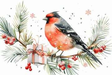 Winter Cardinal and Festive Gift Watercolor Illustration