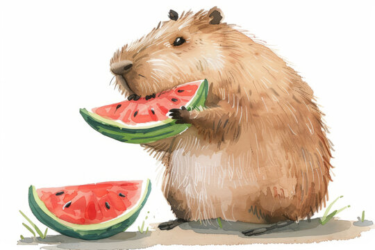Chubby capybara enjoying a juicy watermelon slice