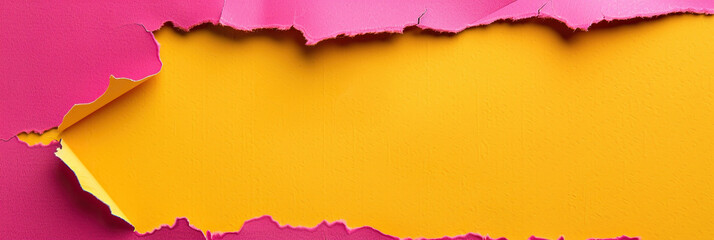 Torn bright pink paper background with space for text, vivid Mustard color banner.