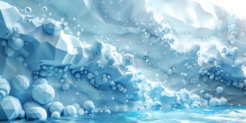 A computer generated image of a snowy landscape with a large body of water