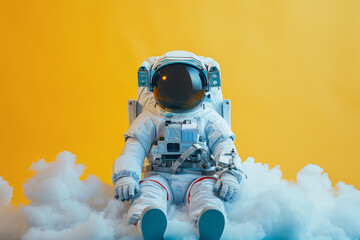 Astronaut sitting amidst clouds against a vibrant yellow background - 796486794