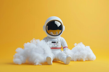 Astronaut toy with clouds on vibrant yellow background - 796486906
