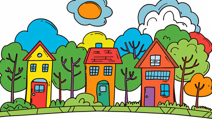 Colorful cartoon illustration of cheerful neighborhood scene