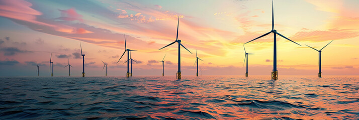 An offshore wind farm with turbines in the ocean, Gentle waves at the bases and a serene sunset background