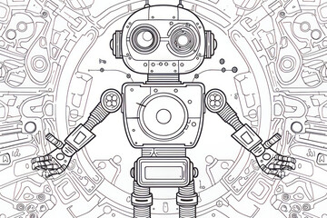 Cute robot coloring page for kids in a detailed illustration - 796487163