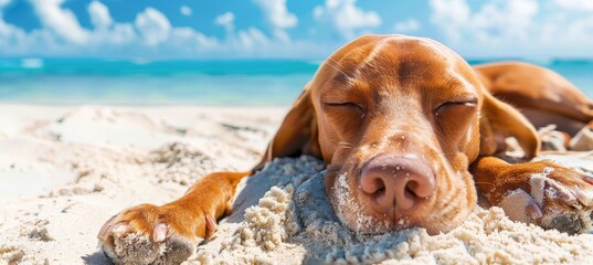 Pedigree puppy relaxing on sandy beach with the beautiful ocean shore in the background
