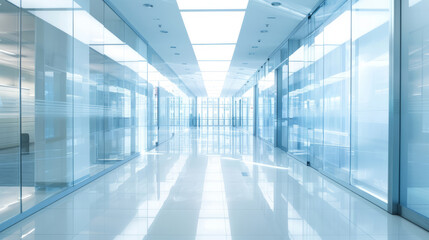 Bright, Modern Office Corridor with Glass Walls and Minimal Design - 796487310