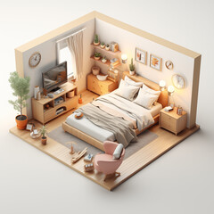 Isometric modern bedroom interior, 3D illustration.