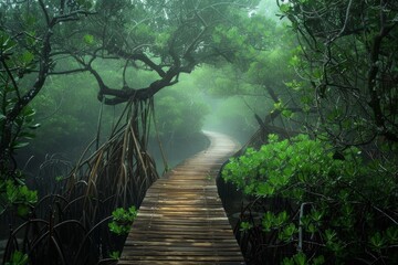 Enchanting Misty Mangrove Forest Walkway in Lush Greenery