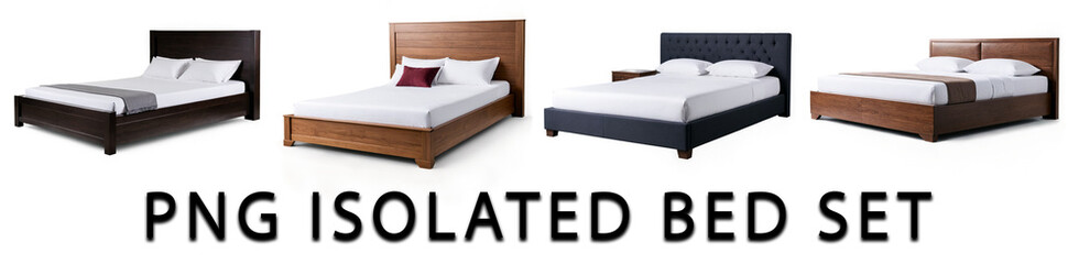 Set of 4 images of bed isolated with transparent background. Furniture collage for bedroom. 