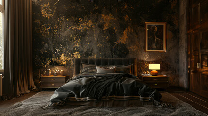 Luxurious bedroom with golden wall paint and dark aesthetics - 796487576