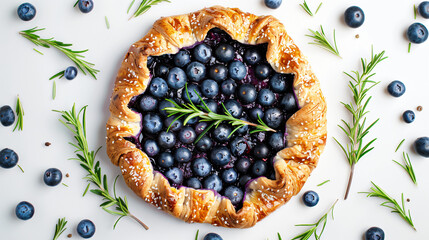 Tasty blueberry galette and rosemary on white background