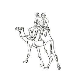 Riding camel, Hand drawn illustration, Two young men sit on the camel back, their faces are turned away, Vector sketch isolated