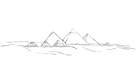 Pyramids in the desert vector sketch, Egyptian pyramids in Giza in the desert sands vector illustration hand drawn black line art style on white background