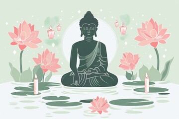 Serene Buddha Illustration with Lotus Flowers and Candles