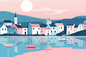 Serene coastal village illustration under a soft sunset - 796487952
