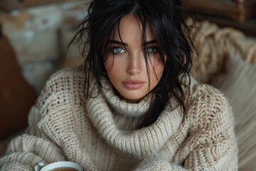 Beautiful woman with wispy black hair wearing a beige knit sweater sitting on a long lounge in a castle lounge room with cup of hot tea in her hands - Powered by Adobe