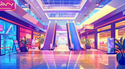 Neon lit shopping mall with escalators and vibrant stores - 796488150