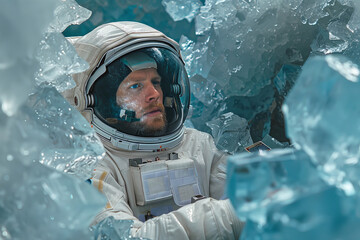 Astronaut surrounded by icy crystals in otherworldly scene - 796488329