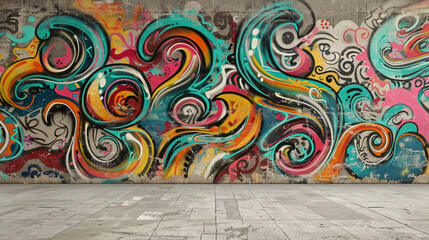 Swirling graffiti patterns express urban creativity against a concrete backdrop.