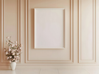 Vertical frame for wall art mockups. Contemporary peach pastel room interior with empty picture frame.