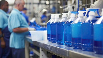 A chemical manufacturing assembly line in a modern factory, clean and efficient, employees in soft focus while the bottles of cleaner are in sharp focus
