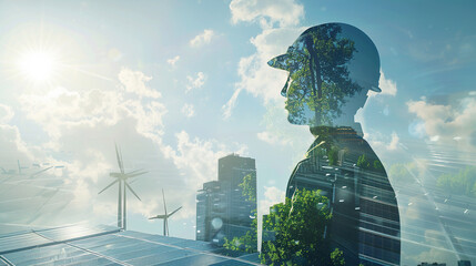 An engineer, double exposure with the innovative city, solar panels advanced, wind turbines and trees around the city, harnessing renewable energy sources and clean energy