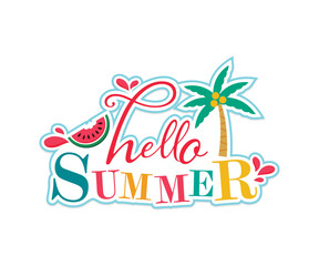 Hello Summer editable text effect template. Vector summer cards. Beautiful posters, stickers for kids t-shirts, rooms, or bedrooms. Backgrounds with summer fruits, tree. Hand-drawn letters.