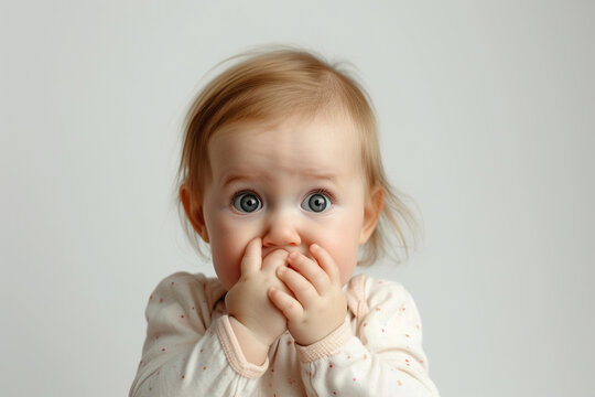 Nervous baby girl and biting nails in studio with oops reaction to gossip on white background