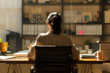 Female executive working early morning in her office - 796488774