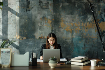 Focused female executive working at a stylish industrial desk - 796488918